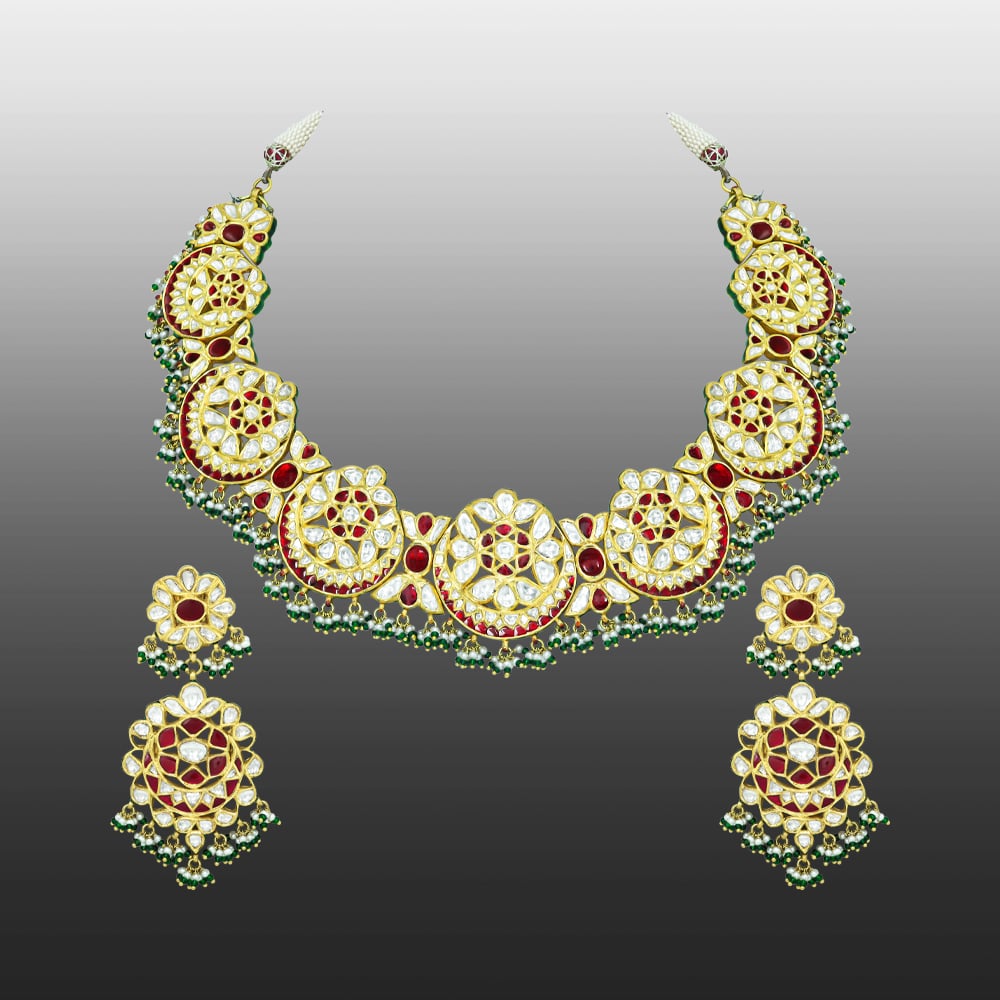 Crescent Polki Necklace Set with Red Talaf, Emeralds, and Pearls